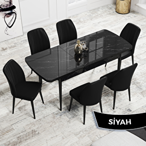 Rio Serisi 80x132 Açılabilir Mdf Siyah Mermer Desen Masa Takımı Ve 6 Siyah Sandalye Siyah