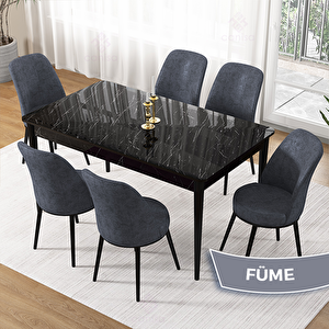 Pir Serisi 80x130 Siyah Mermer Desen Masa Takımı Ve 6 Füme Sandalye Füme