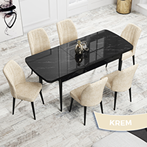 Rio Serisi 80x132 Açılabilir Mdf Siyah Mermer Desen Masa Takımı Ve 6 Krem Sandalye Krem