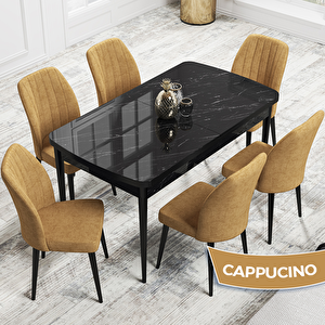 Rio Serisi 80x132 Açılabilir Mdf Siyah Mermer Desen Masa Takımı Ve 6 Cappucino Sandalye Cappucino
