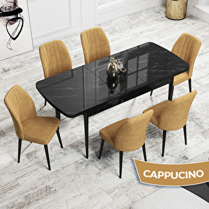 Rio Serisi 80x132 Açılabilir Mdf Siyah Mermer Desen Masa Takımı Ve 6 Cappucino Sandalye Cappucino