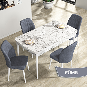 Rio Serisi 80x132 Açılabilir Mdf Beyaz Mermer Desen Masa Takımı Ve 4 Füme Sandalye Füme