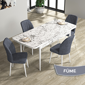 Rio Serisi 80x132 Açılabilir Mdf Beyaz Mermer Desen Masa Takımı Ve 4 Füme Sandalye Füme