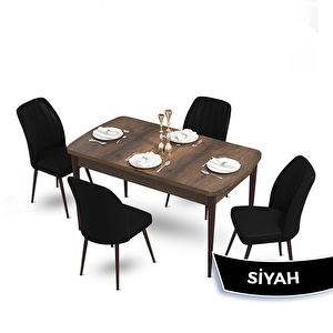 Mun Serisi 80x132 Açılabilir Mdf Barok Ahşap Desen Masa Takımı Ve 4 Siyah Sandalye Siyah