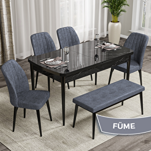 Rio Serisi 80x132 Açılabilir Mdf Siyah Mermer Desen Masa Takımı 4 Füme Sandalye Ve 1 Bench Füme