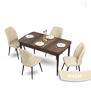Mun Serisi 80x132 Açılabilir Mdf Barok Ahşap Desen Masa Takımı Ve 4 Krem Sandalye Krem