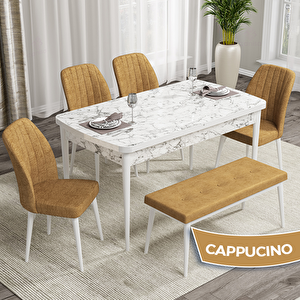 Rio Serisi 80x132 Açılabilir Mdf Beyaz Mermer Desen Masa Takımı 4 Cappucino Sandalye Ve 1 Bench Cappucino