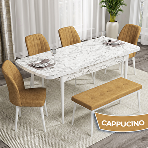 Rio Serisi 80x132 Açılabilir Mdf Beyaz Mermer Desen Masa Takımı 4 Cappucino Sandalye Ve 1 Bench Cappucino
