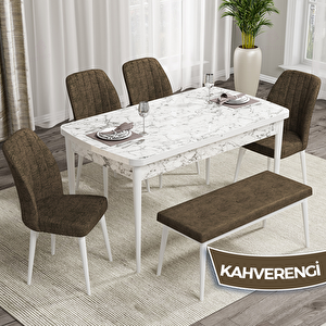 Rio Serisi 80x132 Açılabilir Mdf Beyaz Mermer Desen Masa Takımı 4 Kahverengi Sandalye Ve 1 Bench Kahverengi