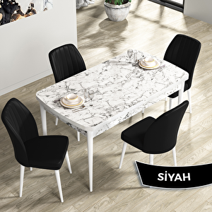 Rio Serisi 80x132 Açılabilir Mdf Beyaz Mermer Desen Masa Takımı Ve 4 Siyah Sandalye Siyah