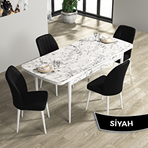 Rio Serisi 80x132 Açılabilir Mdf Beyaz Mermer Desen Masa Takımı Ve 4 Siyah Sandalye Siyah