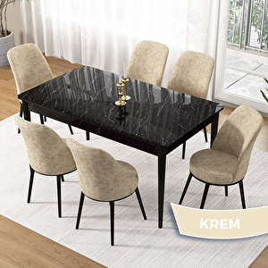 Pir Serisi 80x130 Siyah Mermer Desen Masa Takımı Ve 6 Krem Sandalye Krem