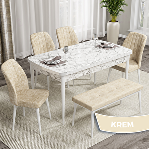 Rio Serisi 80x132 Açılabilir Mdf Beyaz Mermer Desen Masa Takımı 4 Krem Sandalye Ve 1 Bench Krem