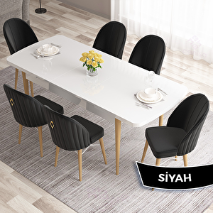 Roz Serisi 80x132 Açılabilir Beyaz Doğal Ahşap Ayak Masa Takımı Ve 6 Siyah Sandalye Siyah