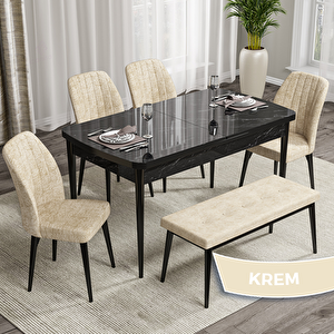 Rio Serisi 80x132 Açılabilir Mdf Siyah Mermer Desen Masa Takımı 4 Krem Sandalye Ve 1 Bench Krem