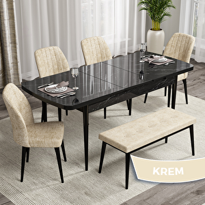 Rio Serisi 80x132 Açılabilir Mdf Siyah Mermer Desen Masa Takımı 4 Krem Sandalye Ve 1 Bench Krem