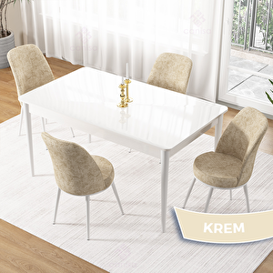 Pir Serisi 80x130 Beyaz Masa Takımı Ve 4 Krem Sandalye Krem
