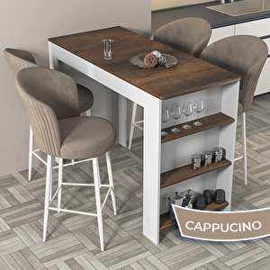 Barin Serisi Ada Mutfak Takımı Barok Ahşap Desen Bar Masası Ve 4 Adet Beyaz Ayak Cappucino Sandalye Cappucino