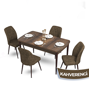 Mun Serisi 80x132 Açılabilir Mdf Barok Ahşap Desen Masa Takımı Ve 4 Kahverengi Sandalye Kahverengi