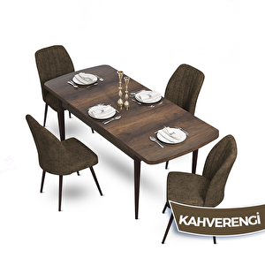 Mun Serisi 80x132 Açılabilir Mdf Barok Ahşap Desen Masa Takımı Ve 4 Kahverengi Sandalye Kahverengi