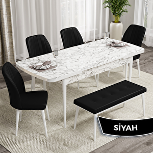 Rio Serisi 80x132 Açılabilir Mdf Beyaz Mermer Desen Masa Takımı 4 Siyah Sandalye Ve 1 Bench Siyah