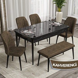 Rio Serisi 80x132 Açılabilir Mdf Siyah Mermer Desen Masa Takımı 4 Kahverengi Sandalye Ve 1 Bench Kahverengi