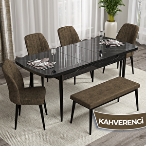 Rio Serisi 80x132 Açılabilir Mdf Siyah Mermer Desen Masa Takımı 4 Kahverengi Sandalye Ve 1 Bench Kahverengi