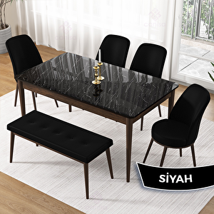 Pir Serisi 80x130 Siyah Mermer Desen Ceviz Ayak Masa Takımı 4 Siyah Sandalye Ve 1 Bench Siyah