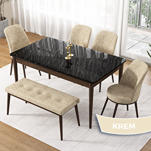 Pir Serisi 80x130 Siyah Mermer Desen Ceviz Ayak Masa Takımı 4 Krem Sandalye Ve 1 Bench Krem