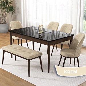 Pir Serisi 80x130 Siyah Mermer Desen Ceviz Ayak Masa Takımı 4 Krem Sandalye Ve 1 Bench Krem