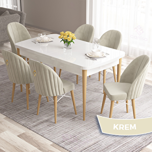 Roz Serisi 80x132 Açılabilir Beyaz Doğal Ahşap Ayak Masa Takımı Ve 6 Krem Sandalye Krem