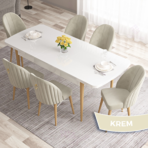 Roz Serisi 80x132 Açılabilir Beyaz Doğal Ahşap Ayak Masa Takımı Ve 6 Krem Sandalye Krem