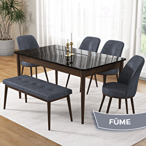 Pir Serisi 80x130 Siyah Mermer Desen Ceviz Ayak Masa Takımı 4 Füme Sandalye Ve 1 Bench Füme
