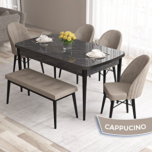 Roz Serisi 80x132 Açılabilir Siyah Mermer Desen Masa Takımı 4 Cappucino Sandalye Ve 1 Bench Cappucino