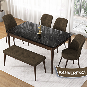 Pir Serisi 80x130 Siyah Mermer Desen Ceviz Ayak Masa Takımı 4 Kahverengi Sandalye Ve 1 Bench Kahverengi