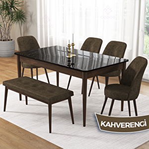 Pir Serisi 80x130 Siyah Mermer Desen Ceviz Ayak Masa Takımı 4 Kahverengi Sandalye Ve 1 Bench Kahverengi