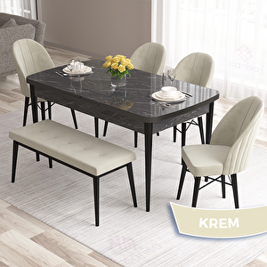 Roz Serisi 80x132 Açılabilir Siyah Mermer Desen Masa Takımı 4 Krem Sandalye Ve 1 Bench Krem