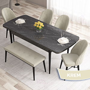 Roz Serisi 80x132 Açılabilir Siyah Mermer Desen Masa Takımı 4 Krem Sandalye Ve 1 Bench Krem