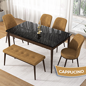 Pir Serisi 80x130 Siyah Mermer Desen Ceviz Ayak Masa Takımı 4 Cappucino Sandalye Ve 1 Bench Cappucino