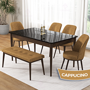 Pir Serisi 80x130 Siyah Mermer Desen Ceviz Ayak Masa Takımı 4 Cappucino Sandalye Ve 1 Bench Cappucino