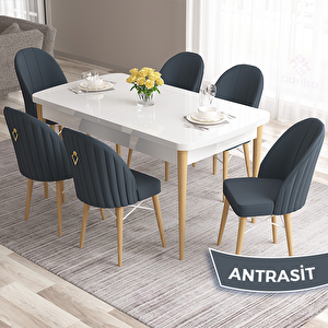 Roz Serisi 80x132 Açılabilir Beyaz Doğal Ahşap Ayak Masa Takımı Ve 6 Antrasit Sandalye Antrasit