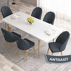 Roz Serisi 80x132 Açılabilir Beyaz Doğal Ahşap Ayak Masa Takımı Ve 6 Antrasit Sandalye Antrasit
