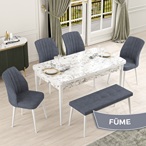 Rio Serisi 80x132 Açılabilir Mdf Beyaz Mermer Desen Masa Takımı 4 Füme Sandalye Ve 1 Bench Füme