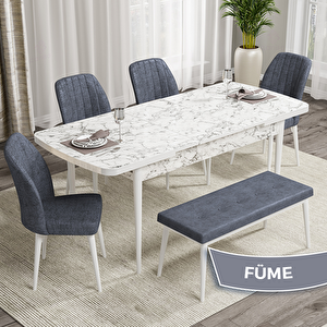 Rio Serisi 80x132 Açılabilir Mdf Beyaz Mermer Desen Masa Takımı 4 Füme Sandalye Ve 1 Bench Füme
