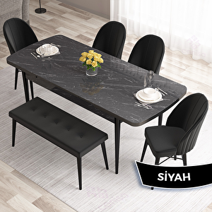 Roz Serisi 80x132 Açılabilir Siyah Mermer Desen Masa Takımı 4 Siyah Sandalye Ve 1 Bench Siyah
