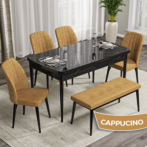 Rio Serisi 80x132 Açılabilir Mdf Siyah Mermer Desen Masa Takımı 4 Cappucino Sandalye Ve 1 Bench Cappucino