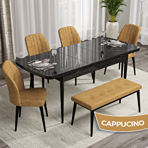 Rio Serisi 80x132 Açılabilir Mdf Siyah Mermer Desen Masa Takımı 4 Cappucino Sandalye Ve 1 Bench Cappucino