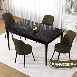 Pir Serisi 80x130 Siyah Mermer Desen Masa Takımı Ve 4 Kahverengi Sandalye Kahverengi