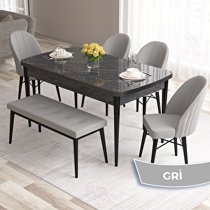 Roz Serisi 80x132 Açılabilir Siyah Mermer Desen Masa Takımı 4 Gri Sandalye Ve 1 Bench Gri