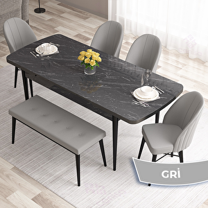 Roz Serisi 80x132 Açılabilir Siyah Mermer Desen Masa Takımı 4 Gri Sandalye Ve 1 Bench Gri